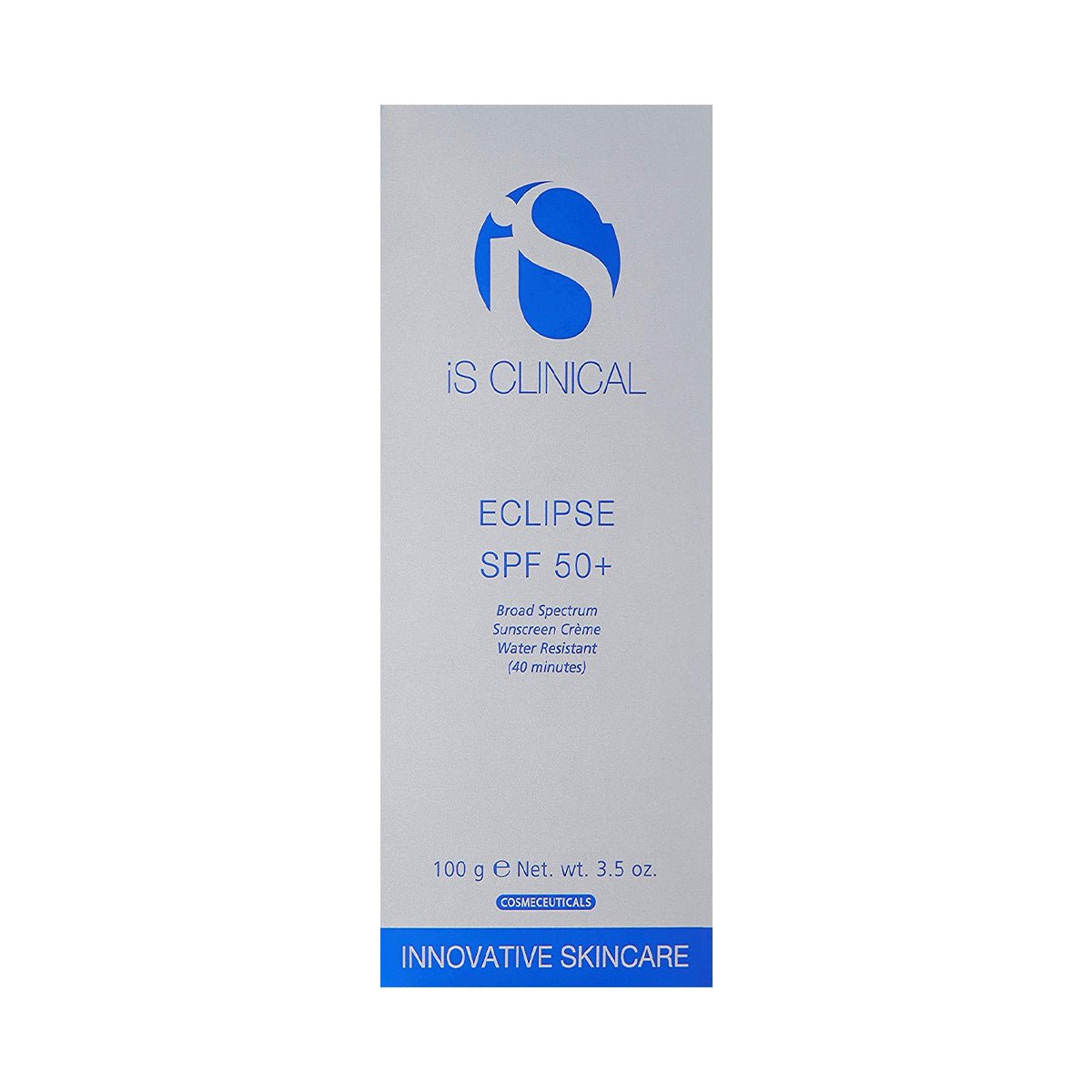 The image shows the iS Clinical Eclipse SPF 50+ (3.5oz 100g) sunscreen, offering broad-spectrum UVA/UVB protection and 40-minute water resistance. Its packaging combines blue and silver colors, emphasizing its advanced formula.