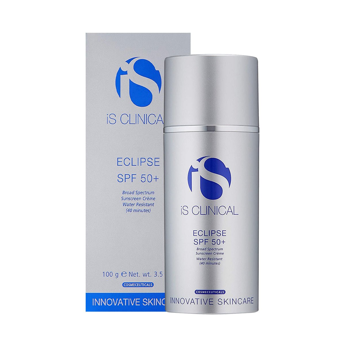 A silver bottle of iS Clinical Eclipse SPF 50+ (3.5oz 100g) sunscreen stands beside its matching blue and white box, featuring broad-spectrum UVA/UVB protection and 40-minute water resistance, making it a top choice among physical sunscreens.