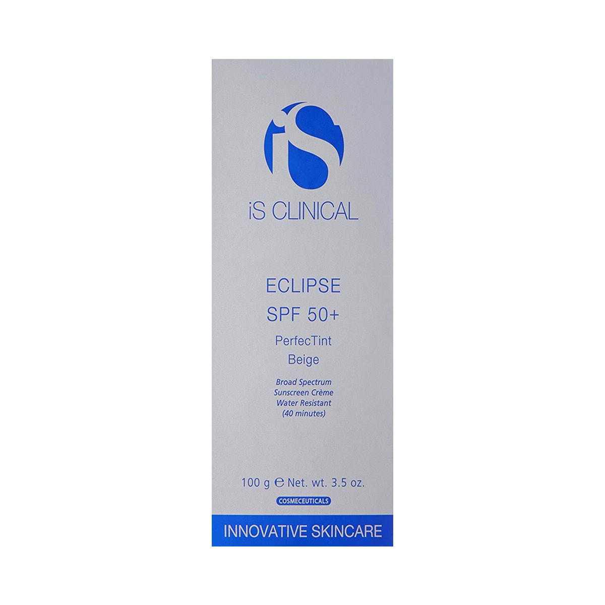 The iS Clinical Eclipse SPF 50+ Perfect Tint Beige sunscreen has a beige front with a blue logo and text, featuring PerfecTint Beige, Broad Spectrum UVA/UVB Protection, and Water Resistant (40 minutes), in its 3.5oz (100g) packaging for superior defense.