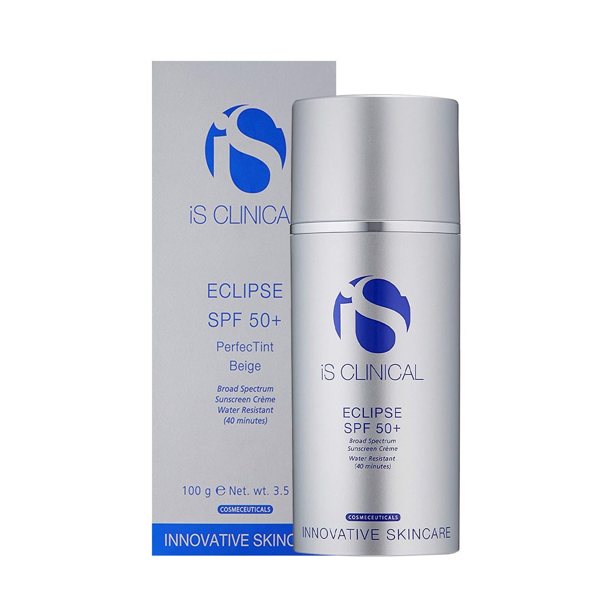 A silver bottle of iS Clinical Eclipse SPF 50+ Perfect Tint Beige sunscreen is positioned next to its blue and gray packaging, displaying the product name in blue text. This formula provides broad-spectrum UVA/UVB protection with a water-resistant formula for enduring sun defense.