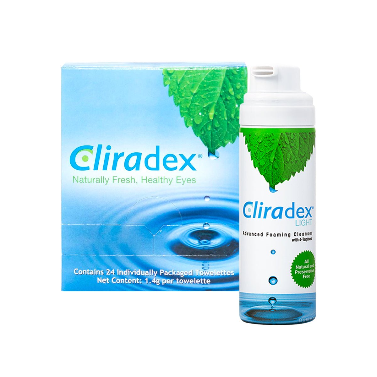 The Cliradex® Complete Eyelid Hygiene Bundle by PRN includes a box of 24 towelettes and two advanced foaming cleansers. The eco-friendly packaging displays a green leaf over water, emphasizing Naturally Fresh, Healthy Eyes, perfect for fighting Demodex mites.