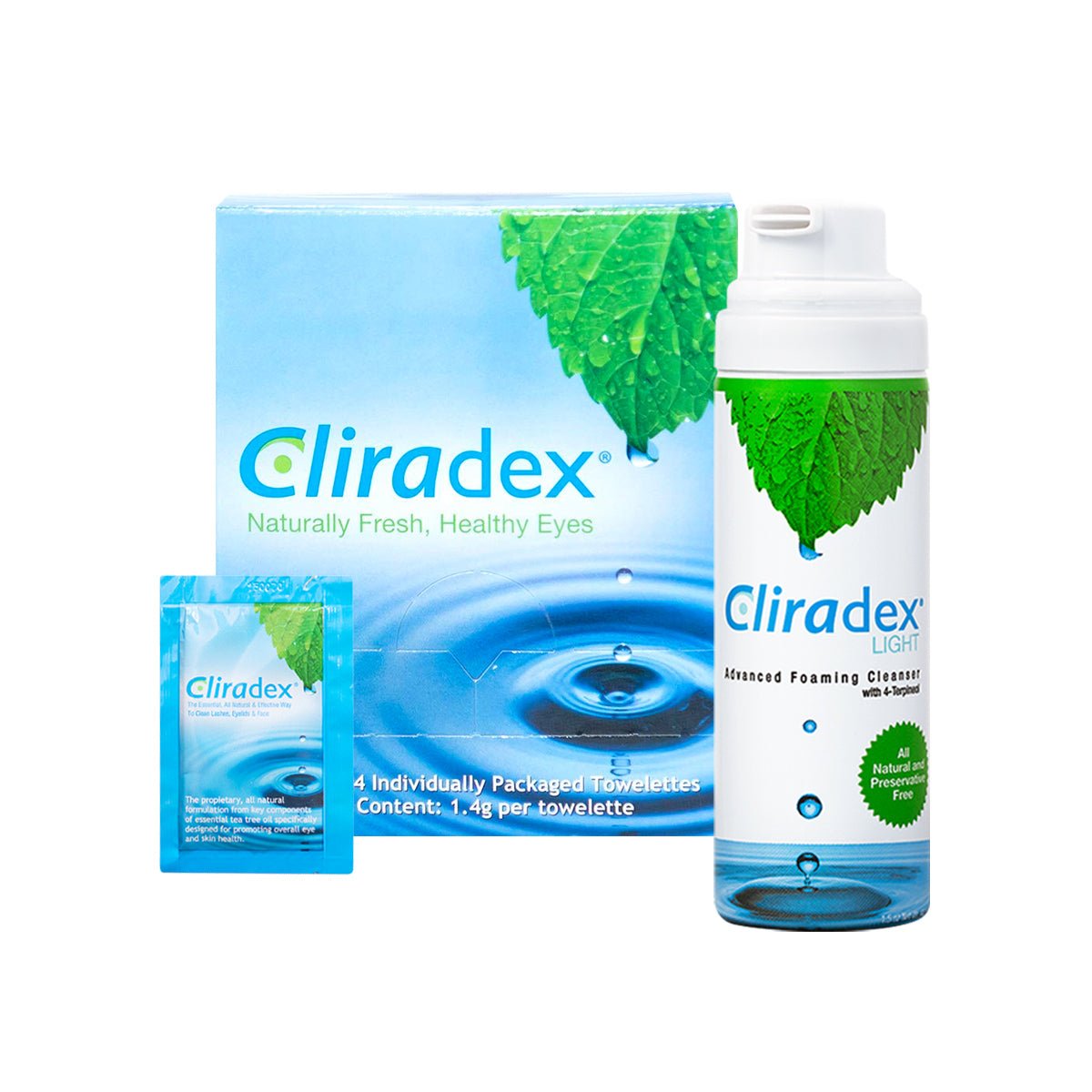 The Cliradex® Complete Eyelid Hygiene Bundle from PRN includes a box of towelettes and two foaming cleansers, all featuring a blue water droplet with a green leaf design to emphasize natural freshness and combat Demodex mites.