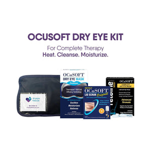 The OCuSOFT Eye Kit includes the Dry Eye Mask, lid scrub pads, and Retaine MGD lubricant. The text reads: For Complete Therapy. Heat. Cleanse. Moisturize, shown on a white background.