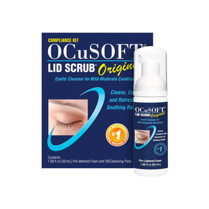 Image of an OCuSOFT Eye Kit featuring a pre-lathered foam cleanser bottle and 100 cleansing pads, packaged with a closed eye design to complement the OCuSOFT Dry Eye Mask for a complete eye care routine.