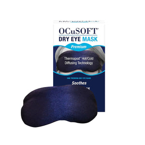 A dark blue eye mask from the OCuSOFT Eye Kit waits to soothe tired eyes with its Thermapod Hot/Cold Diffusing Technology. The box, labeled with the brand OCuSOFT, features an image of someone enjoying relaxation wearing the comforting mask.