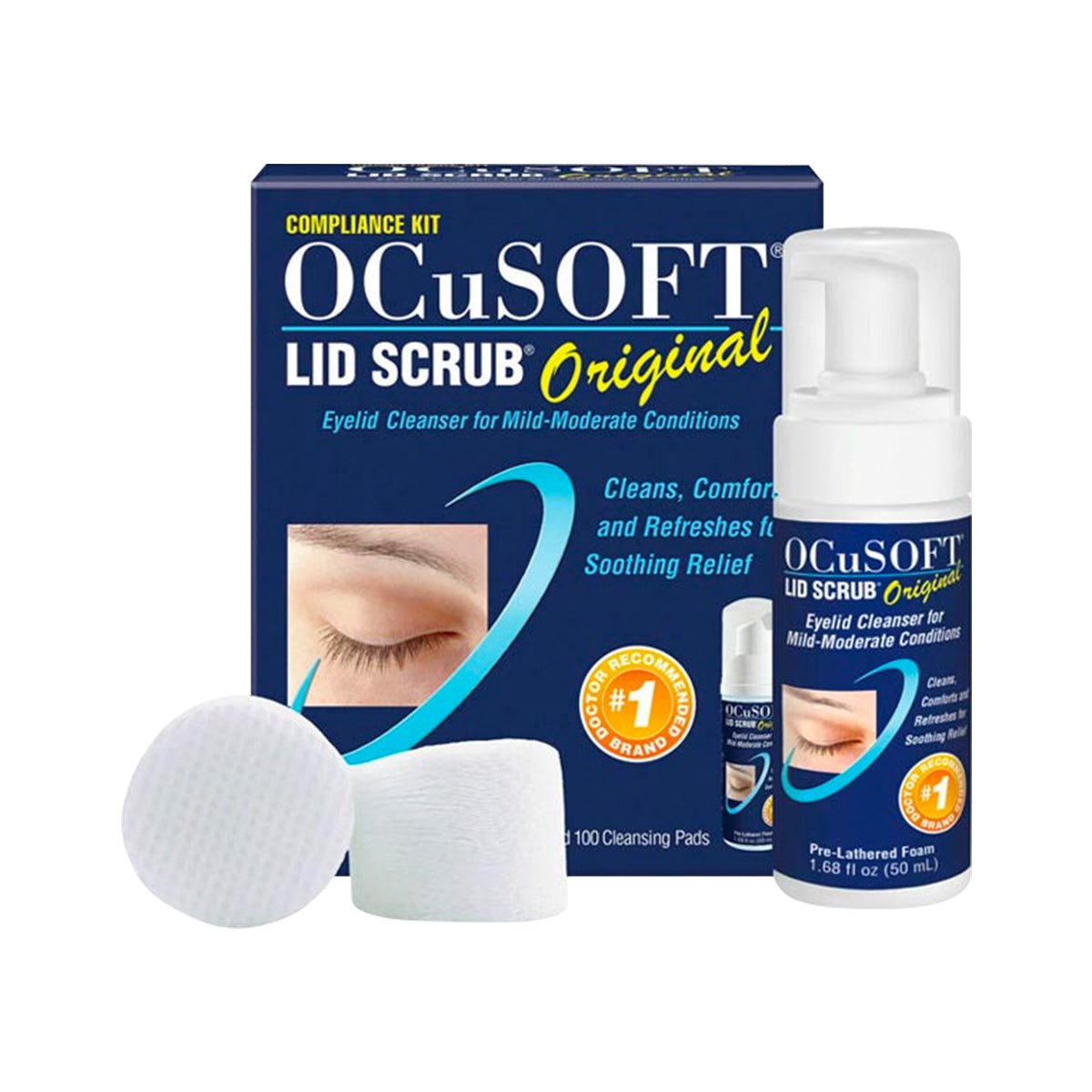 The OCuSOFT Lid Scrub Original Compliance Kit Foam and Wipes includes a box, pump bottle, and two cleansing pads. This foaming eyelid cleanser is perfect for mild to moderate conditions, providing comfort and promoting optimal eyelid hygiene.