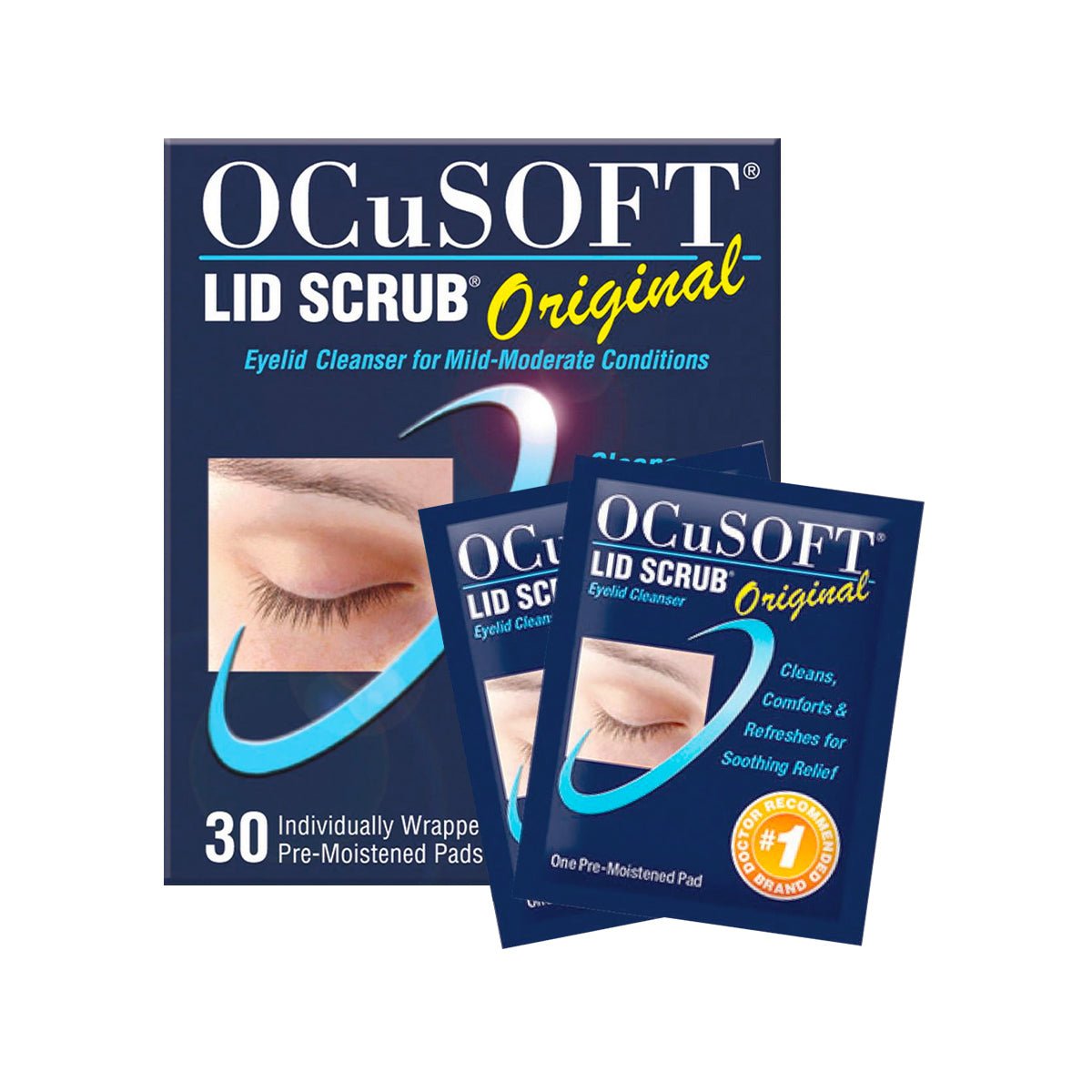 The Ocusoft Lid Scrub Original Compliance Kit packaging showcases eyelid hygiene with an eye illustration and details on its foaming cleanser for mild to moderate conditions. It contains 30 individually wrapped pre-moistened pads and two sample packets.