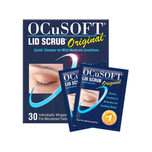 The Ocusoft Lid Scrub Original Compliance Kit packaging showcases eyelid hygiene with an eye illustration and details on its foaming cleanser for mild to moderate conditions. It contains 30 individually wrapped pre-moistened pads and two sample packets.