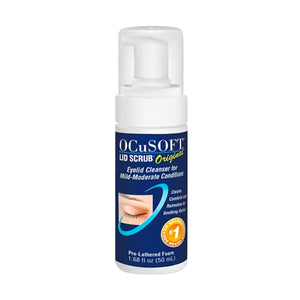The OCuSOFT Ocusoft Lid Scrub Original Compliance Kit Foam and Wipes is a foaming eyelid cleanser for mild to moderate conditions, featuring an eye image on its white bottle with blue labeling. It details benefits and is 1.68 fl oz (50 mL), ideal for eyelid hygiene.