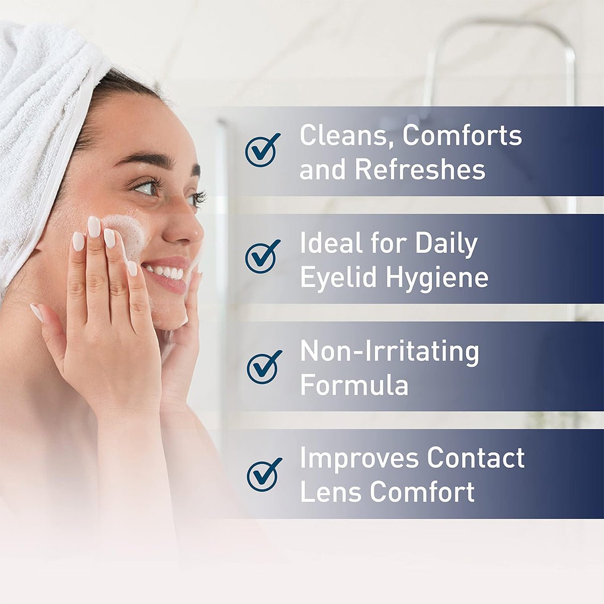 A woman with a towel on her head applies OCuSOFT Lid Scrub Original Compliance Kit, foam and wipes, to her cheek. Text points read: Cleans, Comforts and Refreshes, Ideal for Daily Eyelid Hygiene, Non-Irritating Formula, and Improves Contact Lens Comfort, each with checkmarks.