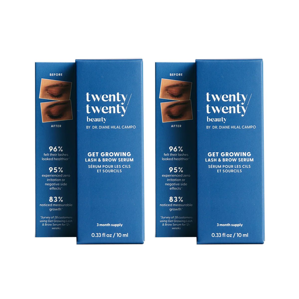 Two blue boxes of Twenty Twentys Get Growing Lash & Brow Serum 2-pack (2 x 10ml Bottle) stand together, each featuring before-and-after eyelash images and product details in white text, highlighting healthy hair growth benefits with castor oil.