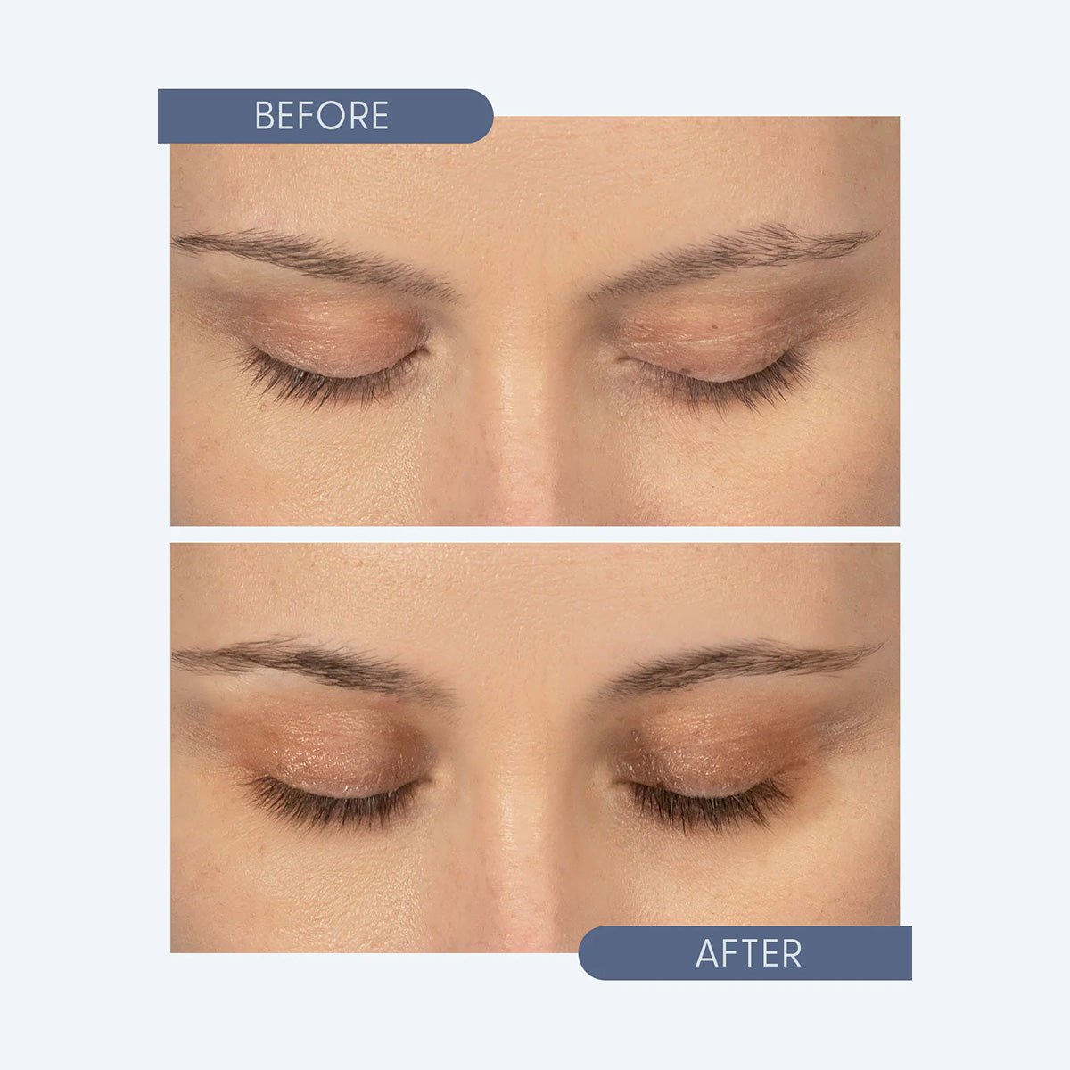 Close-up image comparing a persons eyebrows before and after using Twenty Twenty - Get Growing Lash & Brow Serum, showcasing its transformative effects for thicker, fuller eyebrows with more definition.