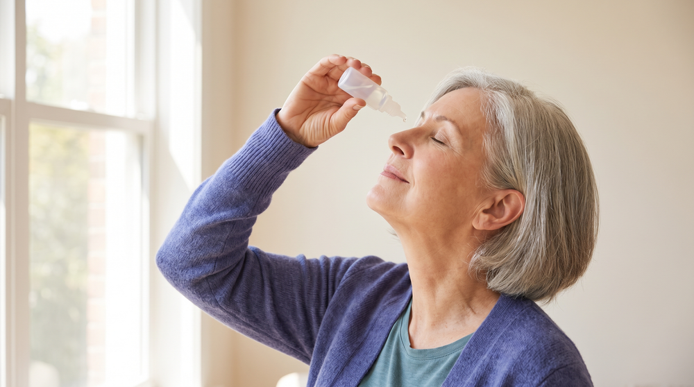 Woman in her sixties at a window tilting her head back to use a lubricating eye drop