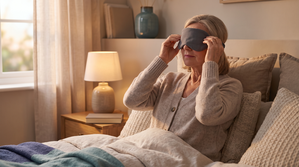 Woman sitting up in bed settling a warm compress eye mask over her closed eyes