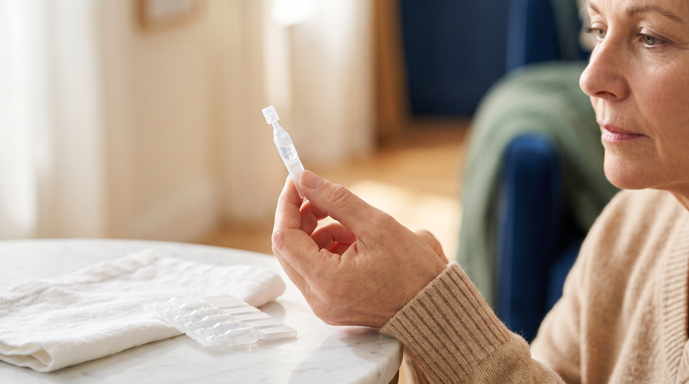 Woman holding a single-use preservative-free eye drop vial, the strip resting on a marble table