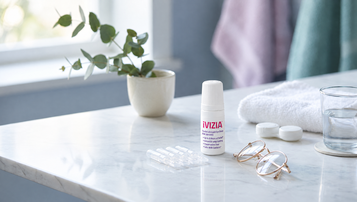 Hands twisting the top off a single-use preservative-free eye drop vial at a bathroom counter, a strip of vials beside