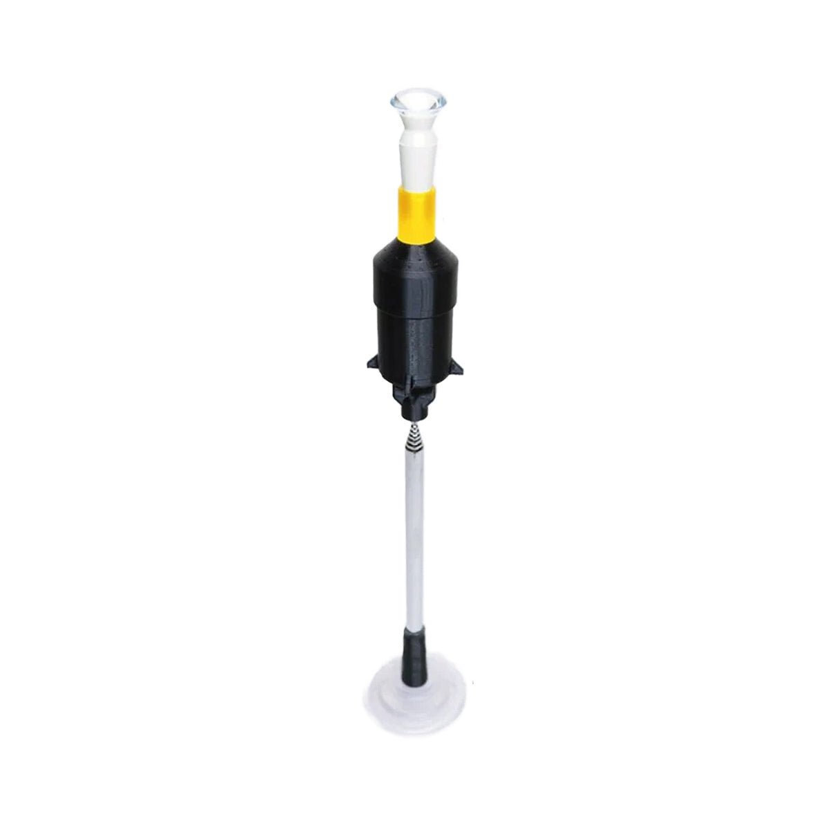 The Augmented Vision Labs S5 Inserter is designed with a sleek black plastic top, a long transparent tube, and a flat suction cup. It features a yellow band for precision handling of flat surfaces and includes free video training for coaching lens insertion, perfect for hands-free lens stabilization.