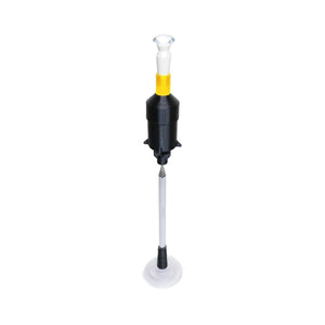 The Augmented Vision Labs S5 Inserter is designed with a sleek black plastic top, a long transparent tube, and a flat suction cup. It features a yellow band for precision handling of flat surfaces and includes free video training for coaching lens insertion, perfect for hands-free lens stabilization.