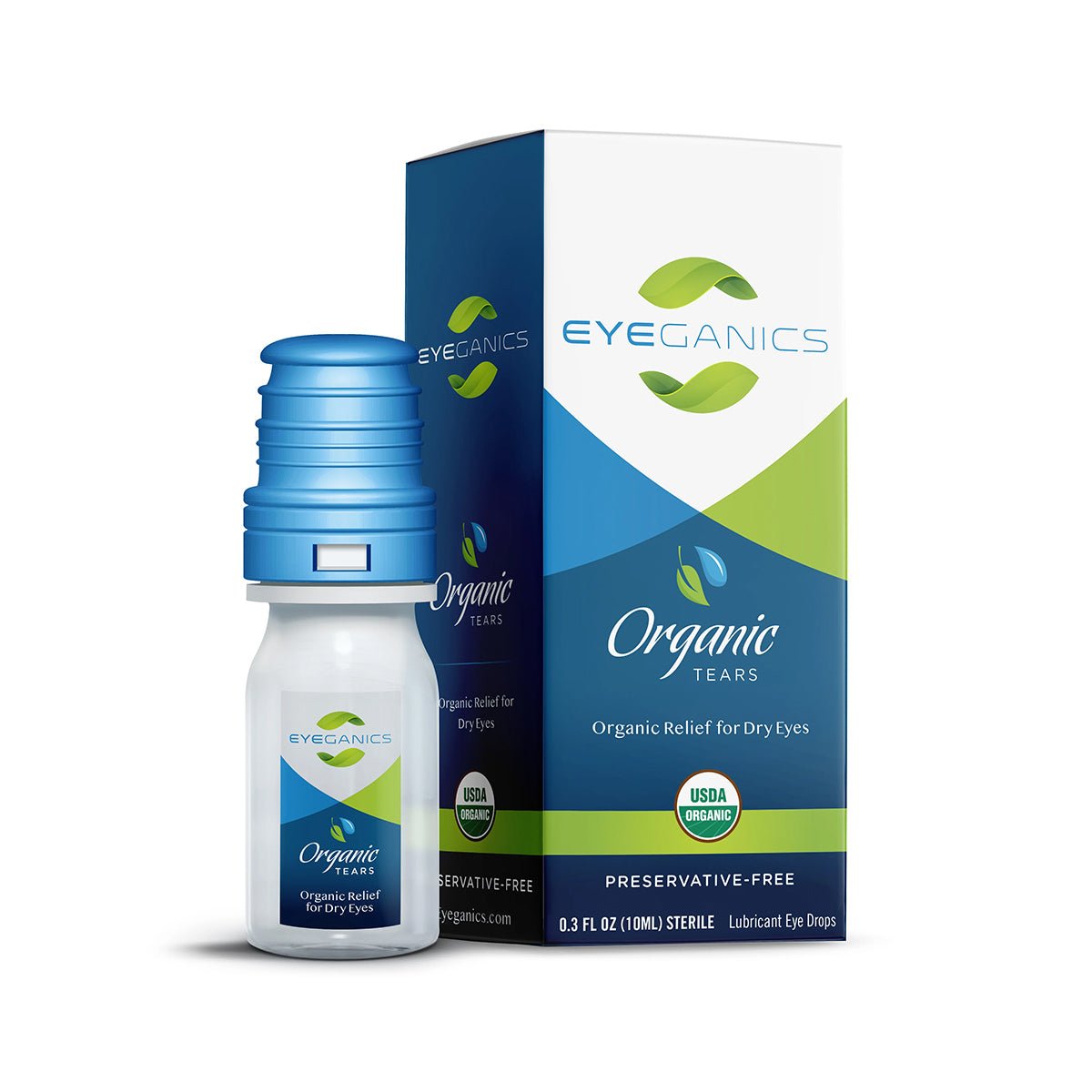 The Eyeganics 100% Organic Preservative Free Eye Drops for Dry Eyes is presented in a white and blue box with a green leaf design, highlighting its USDA Certified Organic and preservative-free nature. A small bottle sits in front for gentle dry eye relief.