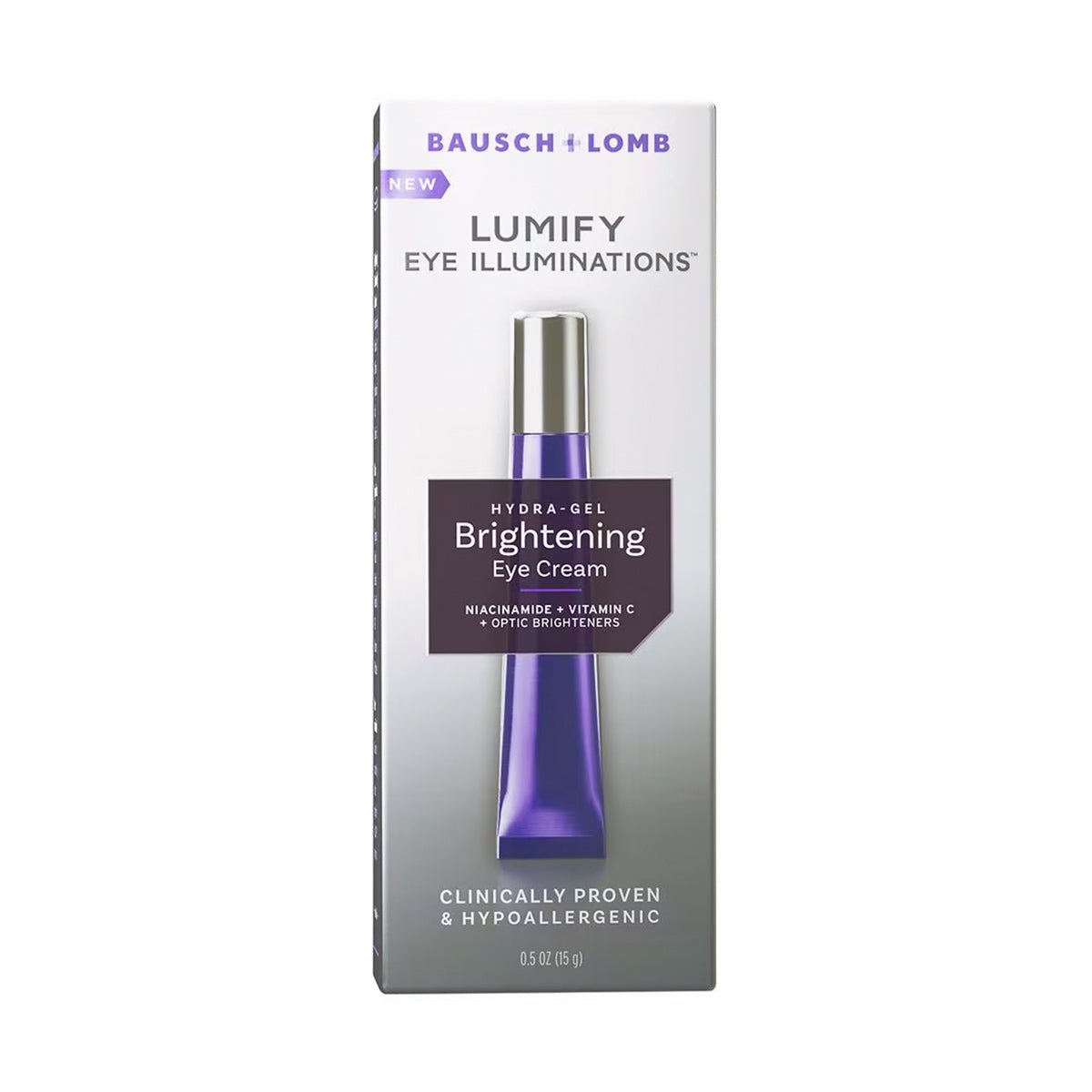 The Bausch + Lomb LUMIFY Eye Illuminations Hydra-Gel Brightening Eye Cream (15 g tube) uses niacinamide, vitamin C, and optic brighteners for the under-eye area. The purple and silver packaging highlights its hypoallergenic makeup and clinically proven effectiveness.