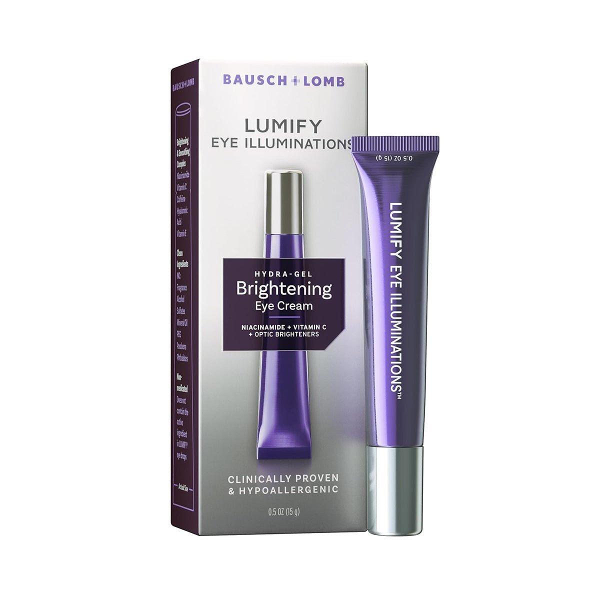 A Bausch + Lomb LUMIFY Eye Illuminations Hydra-Gel Brightening Eye Cream, encased in cardboard packaging, enhances the under-eye area with niacinamide, vitamin C, and optic brighteners. The hypoallergenic 15 g tube aims for smoother skin and a subtle glow.