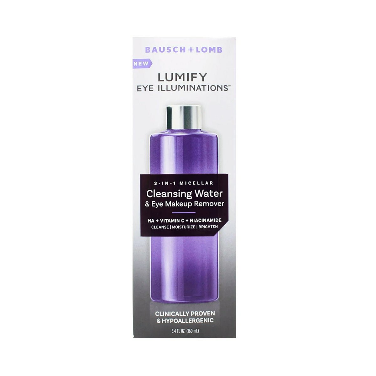 The 160mL LUMIFY Eye Illuminations Cleansing Water & Eye Makeup Remover from Bausch + Lomb is perfect for sensitive eyes, featuring HA, Vitamin C, and Niacinamide. It comes in purple packaging with a clinically proven hypoallergenic formula.