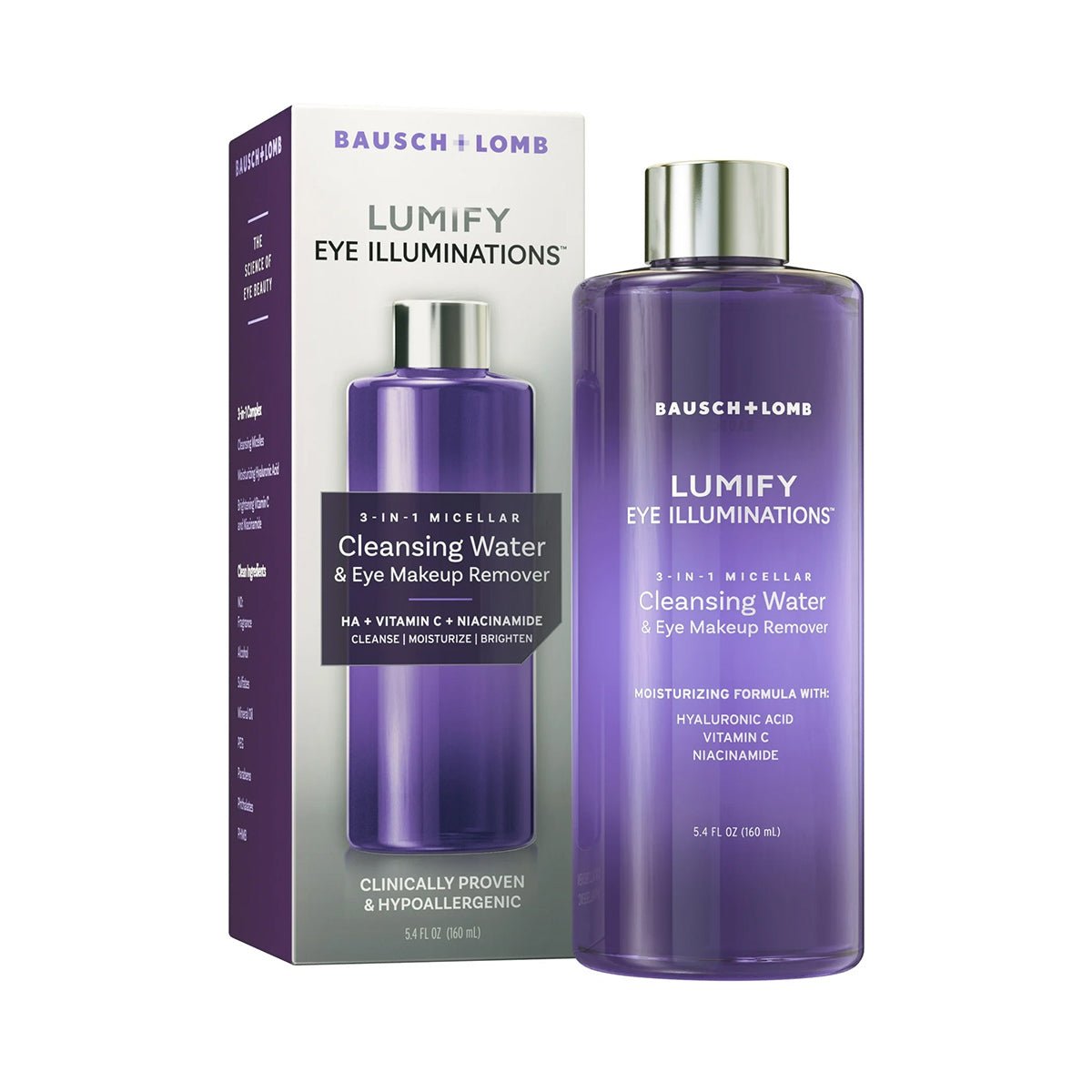 A purple bottle of LUMIFY Eye Illuminations Cleansing Water & Eye Makeup Remover (160mL) by Bausch + Lomb stands next to its matching box, featuring moisturizing ingredients like hyaluronic acid and vitamin C for sensitive eyes.