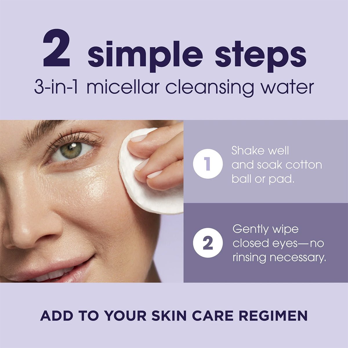 A woman uses LUMIFY Eye Illuminations Cleansing Water & Eye Makeup Remover by Bausch + Lomb. Shake well, soak a cotton pad, gently wipe closed eyes—perfect for sensitive eyes with no need to rinse. Enhance your skincare routine with this 160mL bottle.