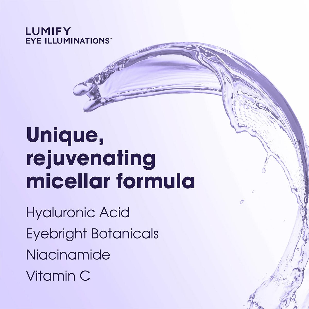 A Bausch + Lomb ad for LUMIFY Eye Illuminations highlights their cleansing water and eye makeup remover (160mL bottle), featuring a rejuvenating blend of hyaluronic acid, eyebright botanicals, niacinamide, and vitamin C—ideal for sensitive eyes.