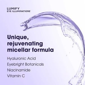 A Bausch + Lomb ad for LUMIFY Eye Illuminations highlights their cleansing water and eye makeup remover (160mL bottle), featuring a rejuvenating blend of hyaluronic acid, eyebright botanicals, niacinamide, and vitamin C—ideal for sensitive eyes.