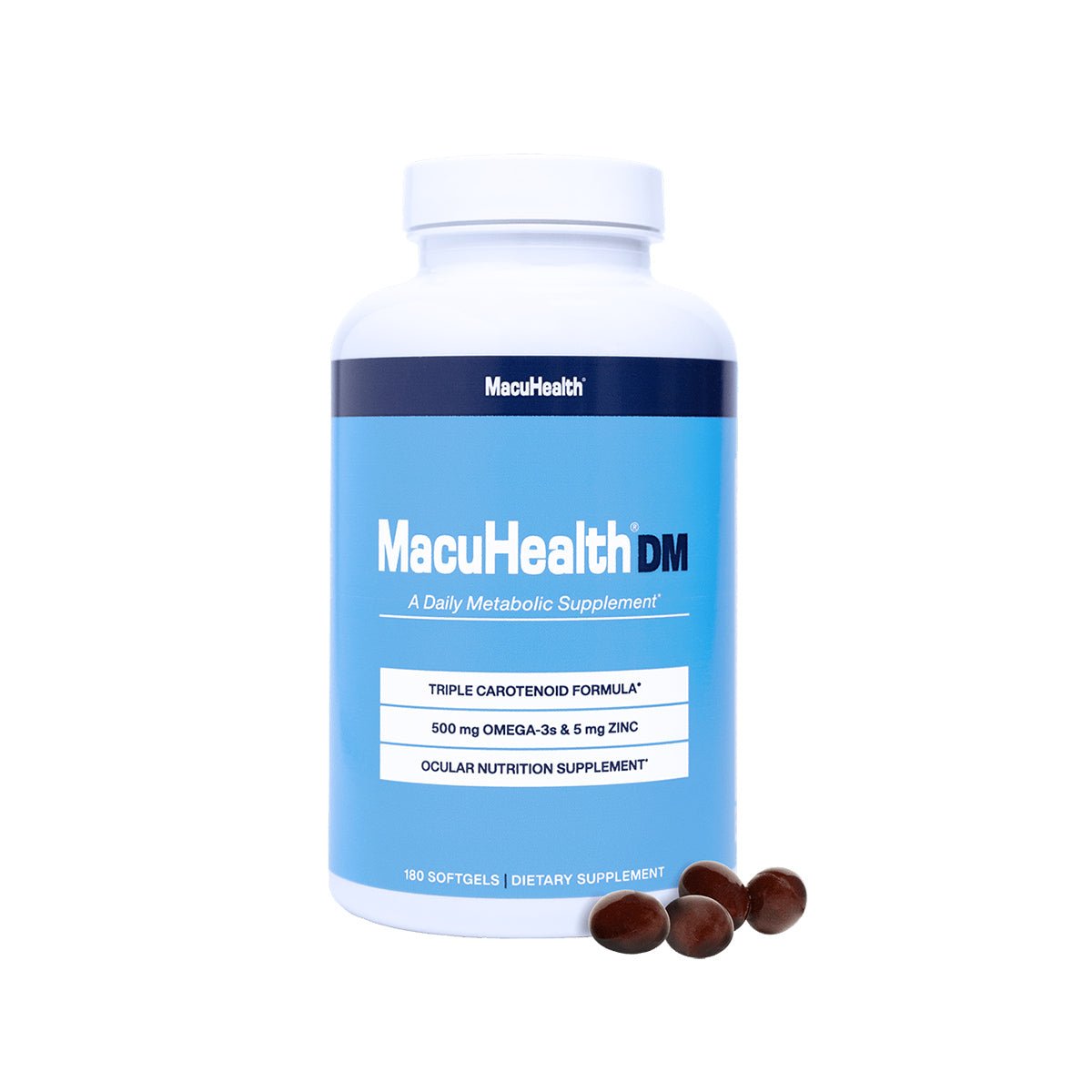 The MacuHealth DM Daily Metabolic Supplement (180ct) features a white bottle with a blue label, showcasing several brown softgels. It promotes Triple Carotenoid Formula, 500 mg Omega-3s & 5 mg Zinc, supporting eye health and metabolism, highlighting its role as an ocular nutrition supplement.