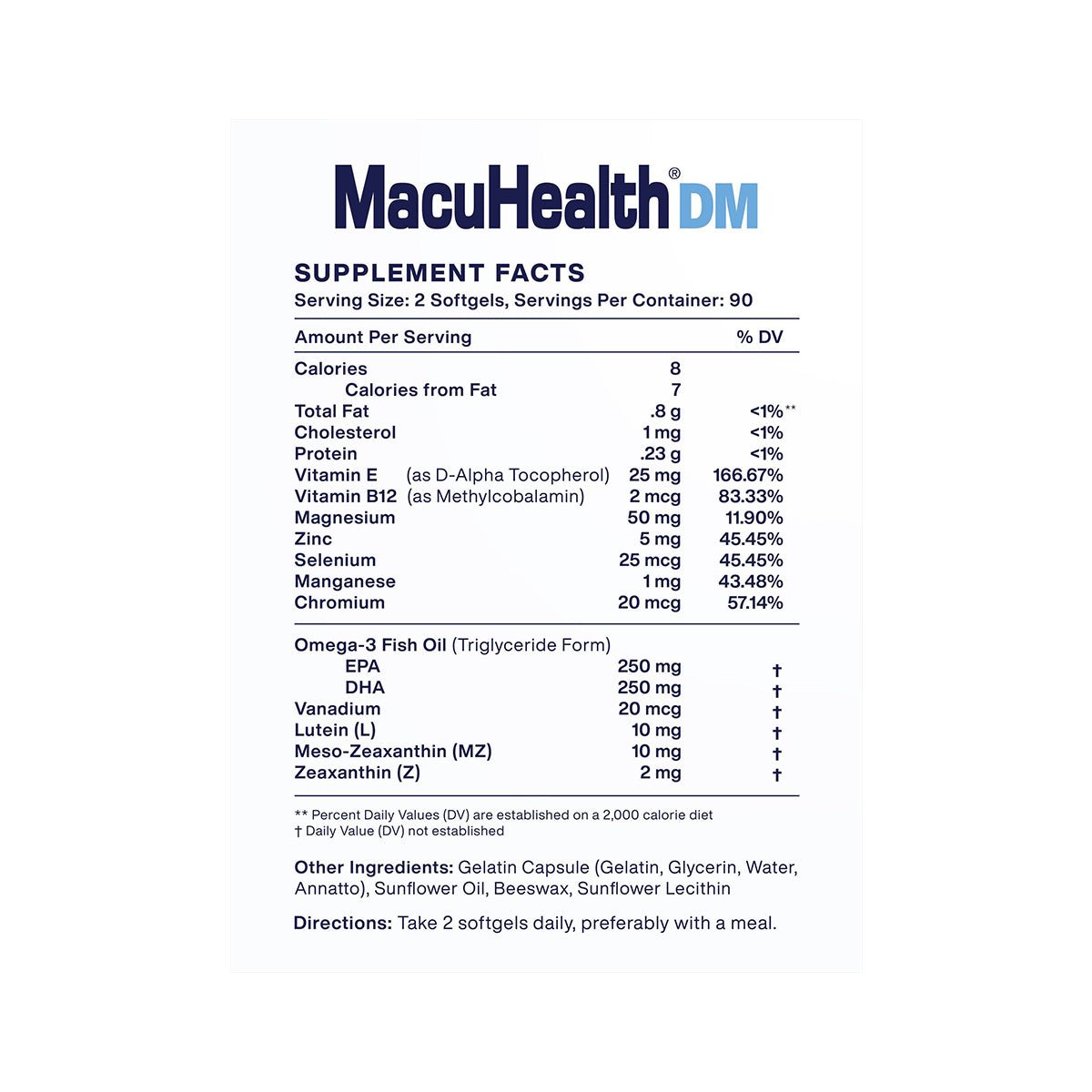 The image displays the supplement facts for MacuHealth DM Daily Metabolic Supplement, featuring essential nutrients like calories, fat, cholesterol, protein, vitamins, minerals, and omega-3 fish oil. Its designed for metabolic support and eye health with amounts and % daily values per 2-softgel serving.