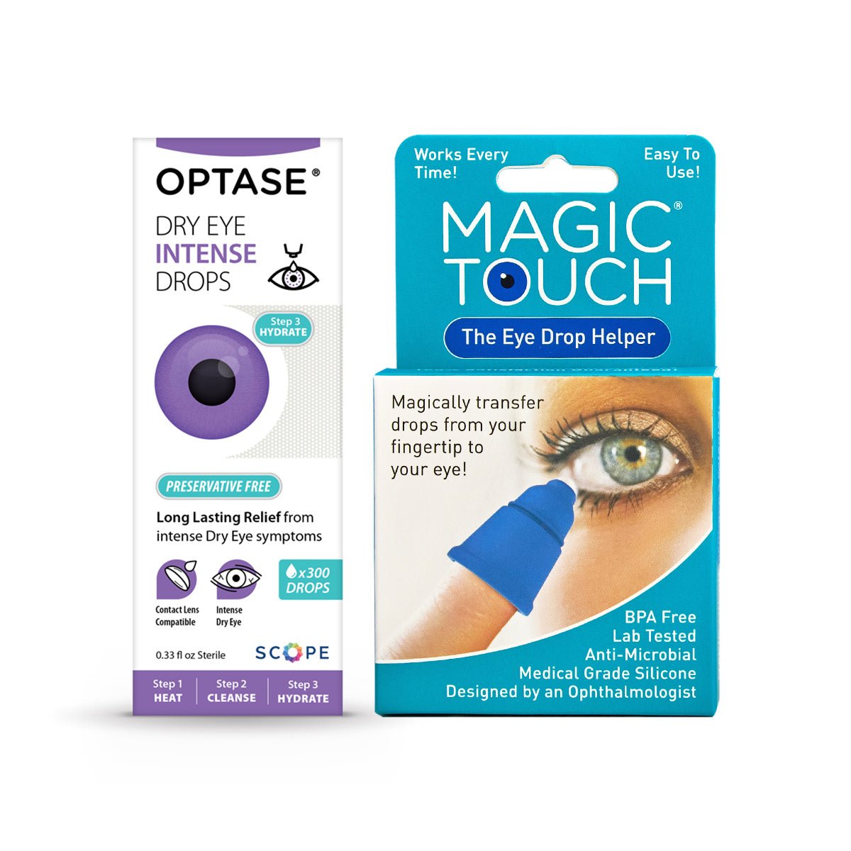 The Optase Intense Preservative Free with Magic Touch Applicator packaging features a purple eye graphic and benefit description for dry eyes relief. The Magic Touch applicator, on the right, includes a blue finger sleeve for easy application of preservative-free eye drops.