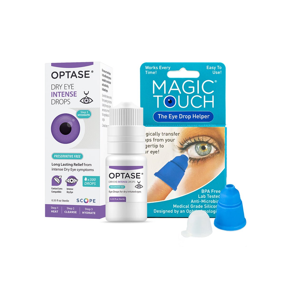 The Optase Intense Preservative Free with Magic Touch Applicator packaging features eye images and highlights that it provides long-lasting relief. The eye drop box emphasizes product details, while the applicator shows a hand holding it, catering to dry eye needs without preservatives.