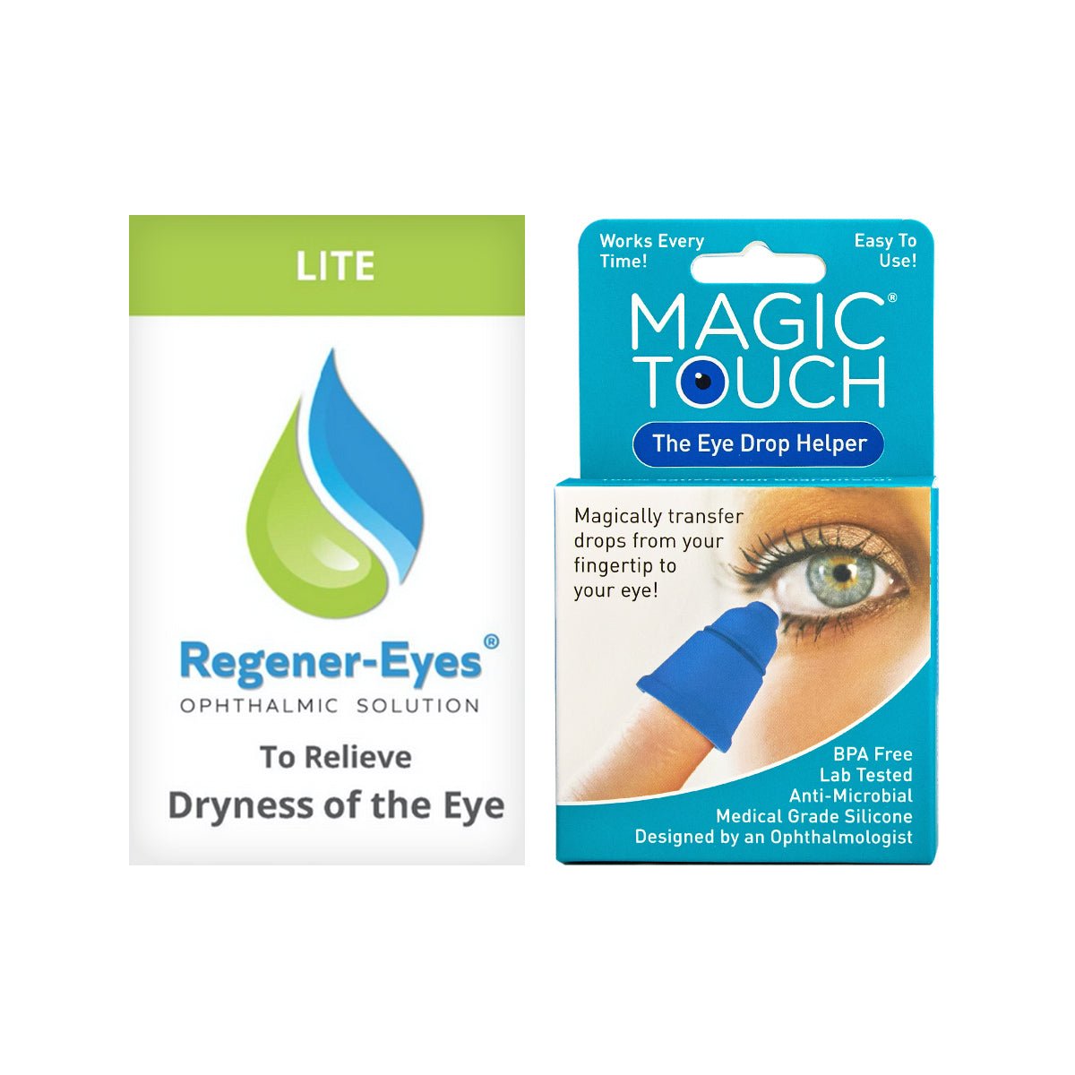 Regener-Eyes Lite with Magic Touch Easy Applicator features packaging highlighting its relief for dry eyes and shows the easy-use applicator on a fingertip near an eye, promising a 4-week supply in a convenient 3mL bottle.