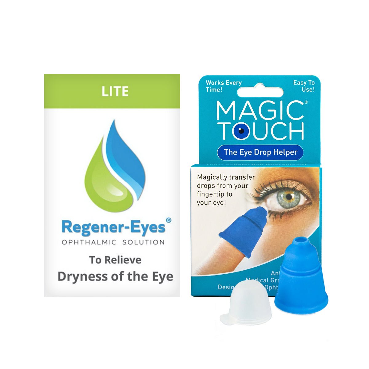 The Regener-Eyes Lite ophthalmic solution for eye dryness, featuring a white and green design with a droplet logo, is packaged alongside the Magic Touch Easy Applicator, which displays a blue cone-shaped device with an eye image. This set includes a 3mL bottle providing a 4-week supply.