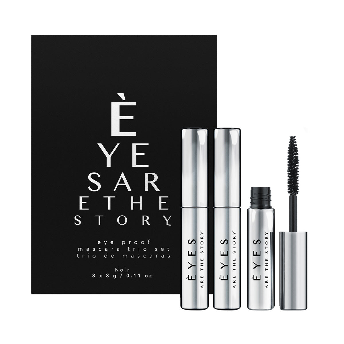 The Eyes are the Story Eye Proof Mascara Trio Set, featuring three non-flaking mini mascaras with a black brush, offers beauty and eye health for sensitive eyes in the shade Noir. The silver tubes display EYES ARE THE STORY.