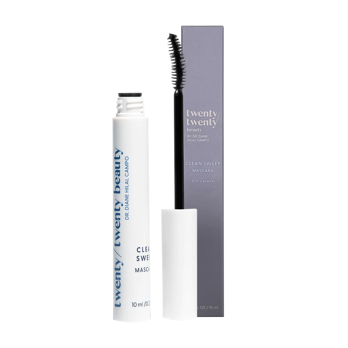 A tube of Twenty Twenty Clean Sweep Mascara, Pitch Black, 10ml with wand out. Ophthalmologist-approved for sensitive eyes, the white tube has blue text; the gray box features white text. The wands black, curved brush ensures a gentle application every time.