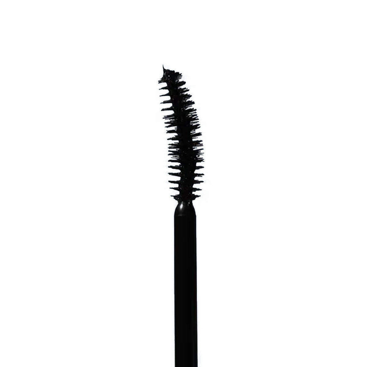 A Twenty Twenty Clean Sweep Mascara in Pitch Black, featuring a curved brush ideal for sensitive eyes, rests against a white background. The ophthalmologist-approved bristles are thickly coated with mascara.