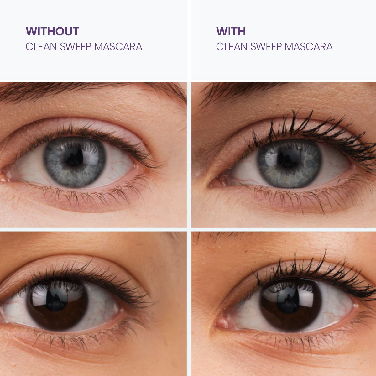 Close-up of two eyes comparing mascara usage: the left shows natural lashes without mascara, while the right uses Twenty Twenty Clean Sweep Mascara in Pitch Black, 10ml. Ophthalmologist approved for sensitive eyes, it highlights fuller, darker lashes.
