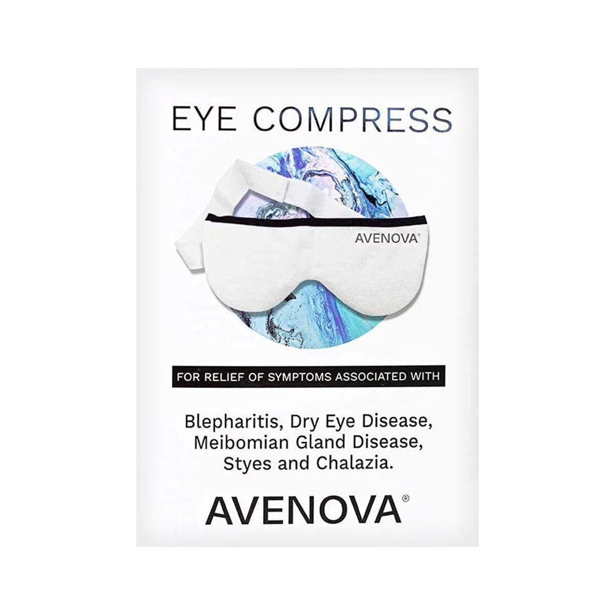 The NovaBay Avenova Microwavable Heat Eye Compress Mask package features a reusable eye mask image, offering relief for blepharitis and dry eye. Against a striking blue and white marbled background, it addresses meibomian gland disease, styes, and chalazia effectively.