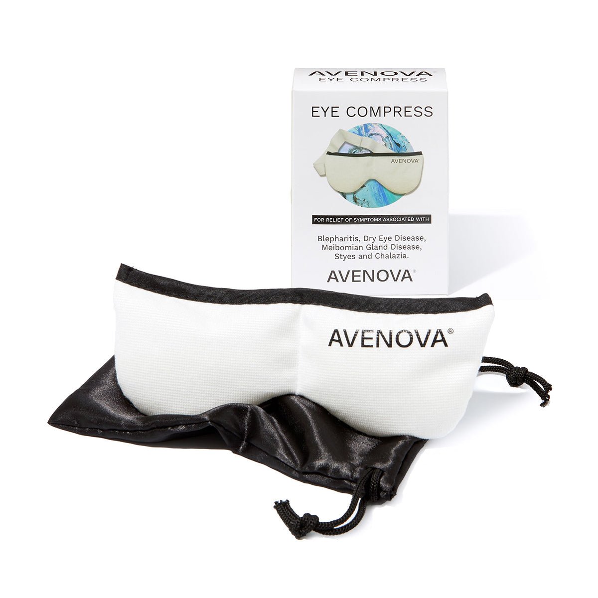 A white Avenova Microwavable Heat Eye Compress Mask by NovaBay rests beside its box and a black pouch, offering soothing relief for blepharitis and dry eyes. The box showcases the brands logo and an image of the mask in use, emphasizing its thoughtful design.