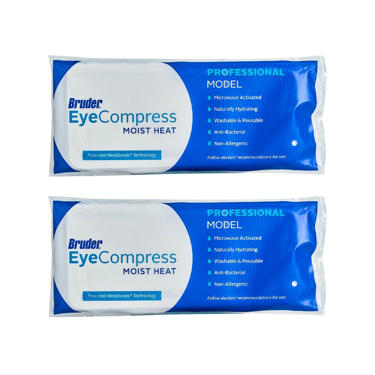 Two Bruder Moist Heat Eye Compress packs, in blue and white packaging, feature Microwave Activated, Fast Acting, Naturally Hydrating, and Antibacterial benefits. They use MediBeads technology to provide effective moist heat solutions for dry eye relief.