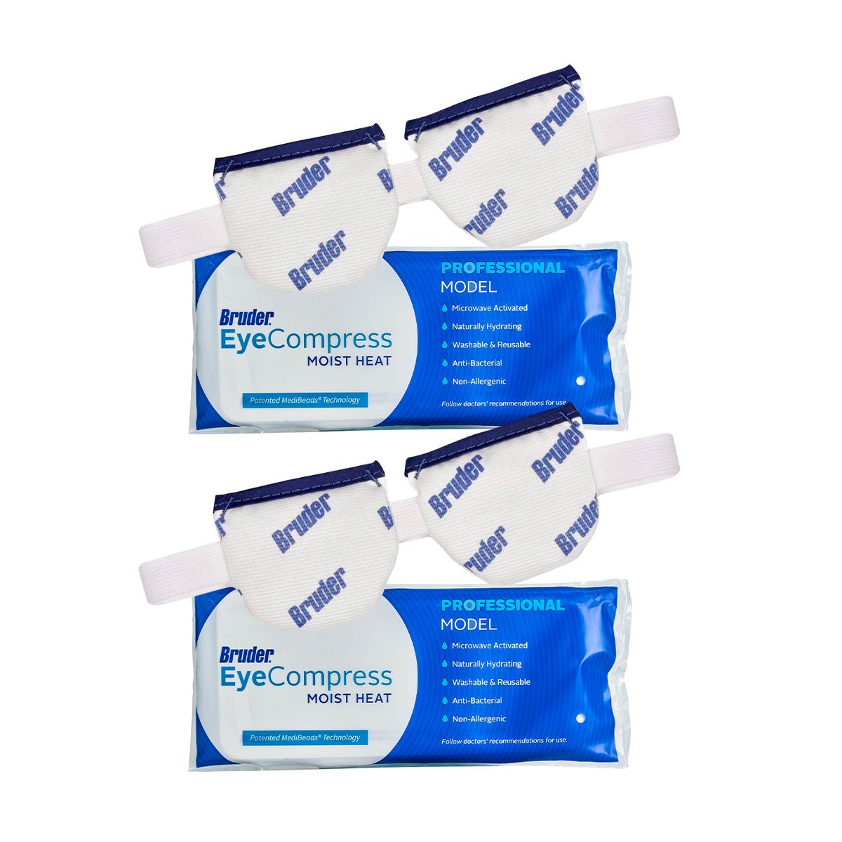 The Bruder Moist Heat Eye Compress (Pack of 2) features MediBeads Technology with strap-on masks in sealed blue and white packaging. It highlights microwave activation for fast-acting dry eye relief and antibacterial benefits.