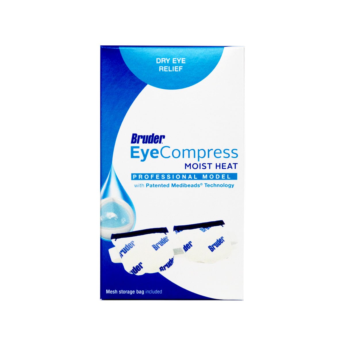 The image shows a Bruder Eye Compress Moist Heat Professional Model for dry eyes, addressing Meibomian gland dysfunction. It boasts patented MediBeads technology and includes a handy mesh storage bag.