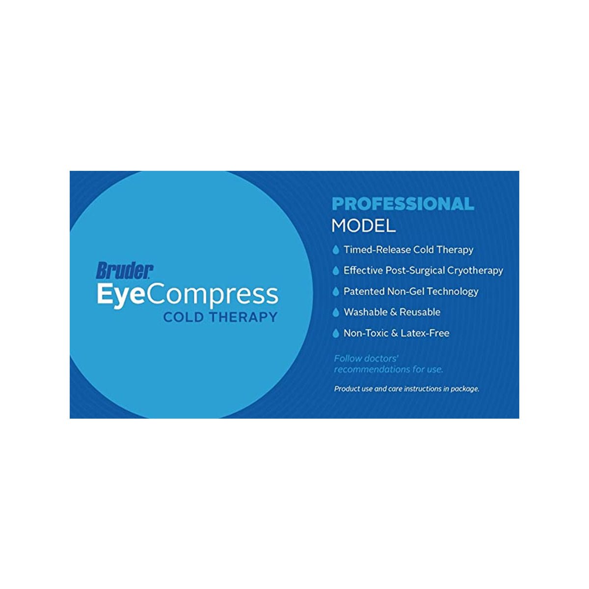 Bruder Eye Compress Cold Therapy offers blue and white packaging with targeted cold therapy and inflammation relief. It features timed-release technology for post-surgical cryotherapy, is patented, washable, reusable, non-toxic, non-gel, and latex-free.