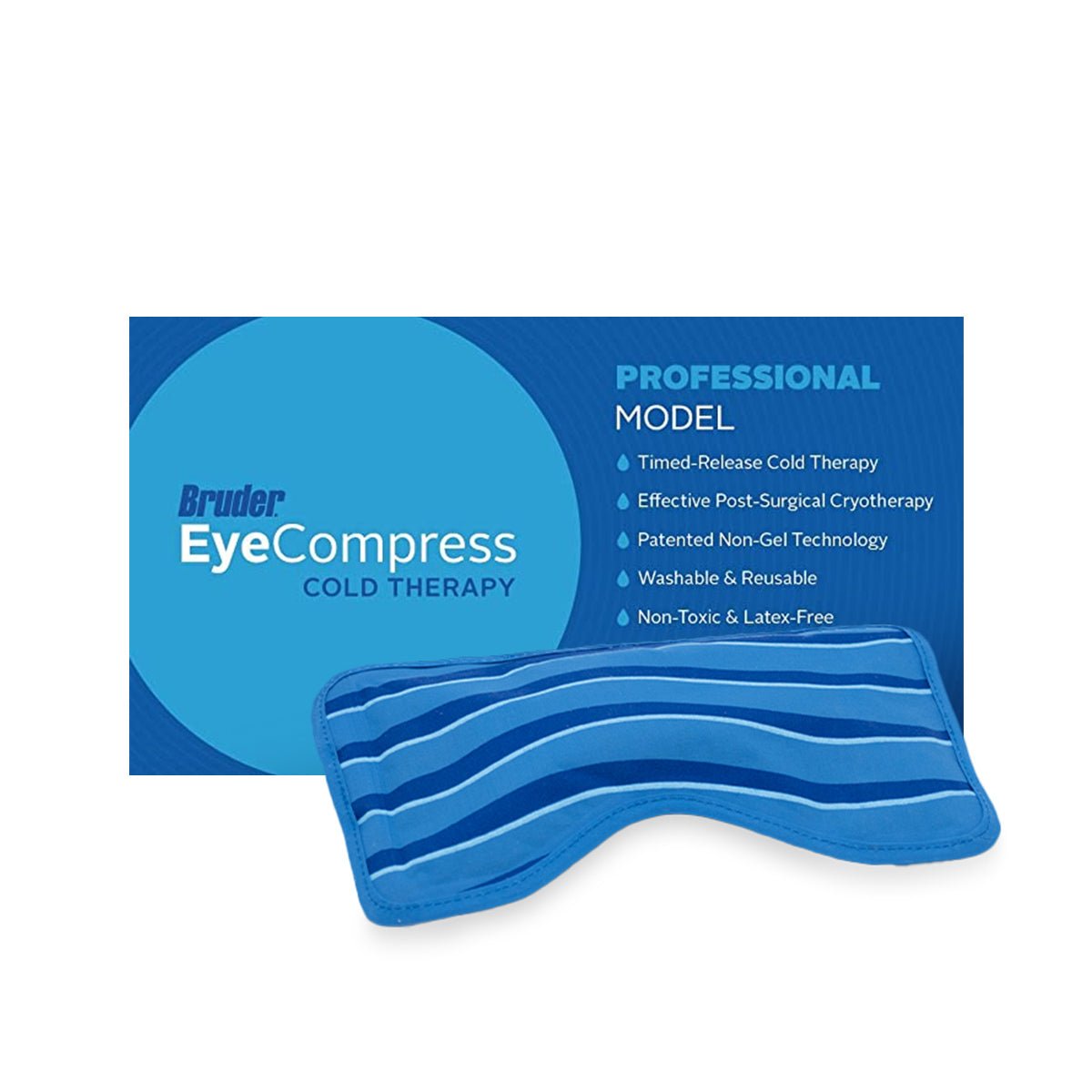 The Bruder Eye Compress Cold Therapy, showcased in front of a blue box, provides cold therapy for inflammation relief. Featuring timed-release technology and ideal for post-surgical use, this product is washable, reusable, non-toxic, and latex-free.