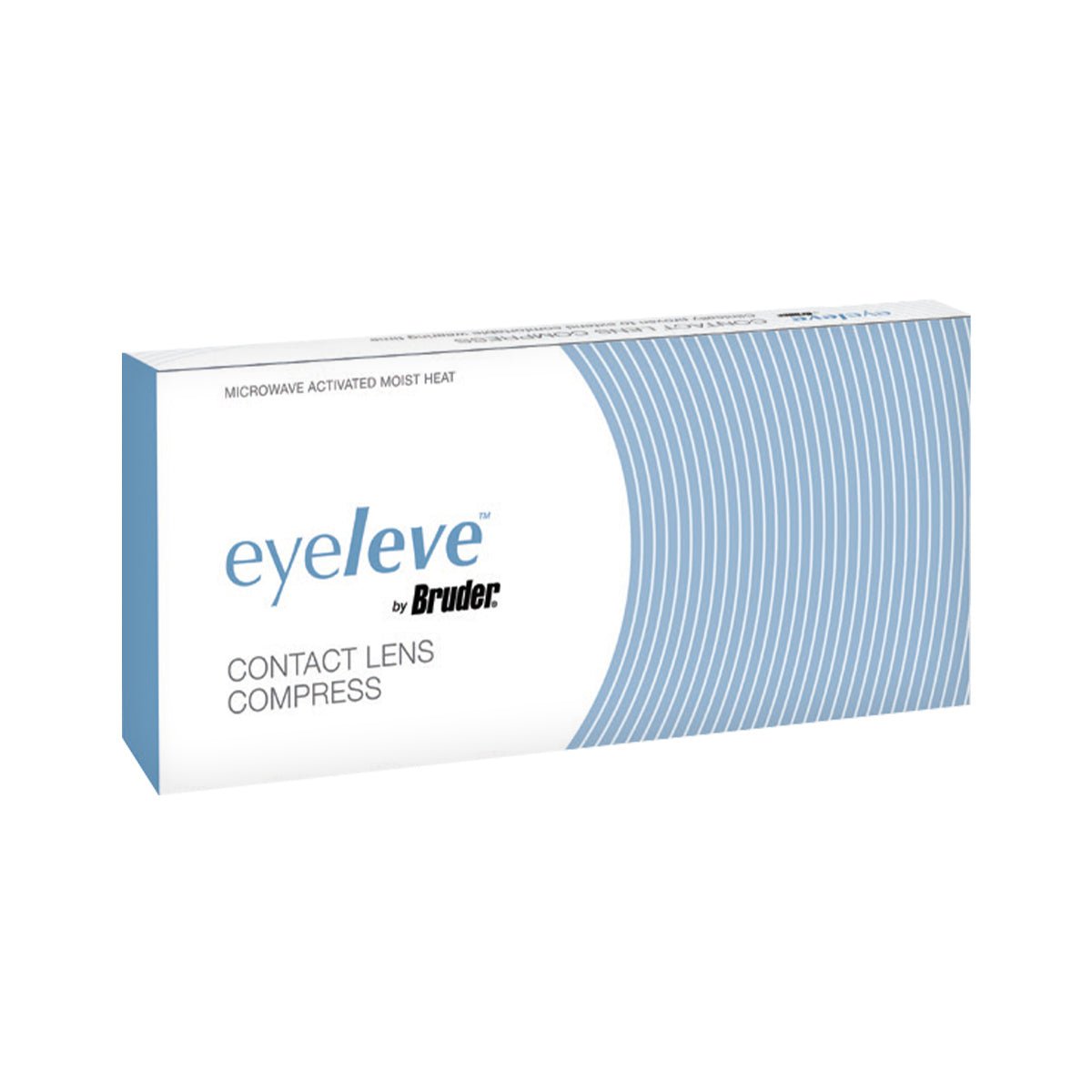 The image shows a box of Bruder Eyeleve Eye Compress for Contact Lens Wearers. The mainly white package with blue circles prominently highlights Microwave Activated Moist Heat, showcasing its advanced MediBeads technology for soothing relief.