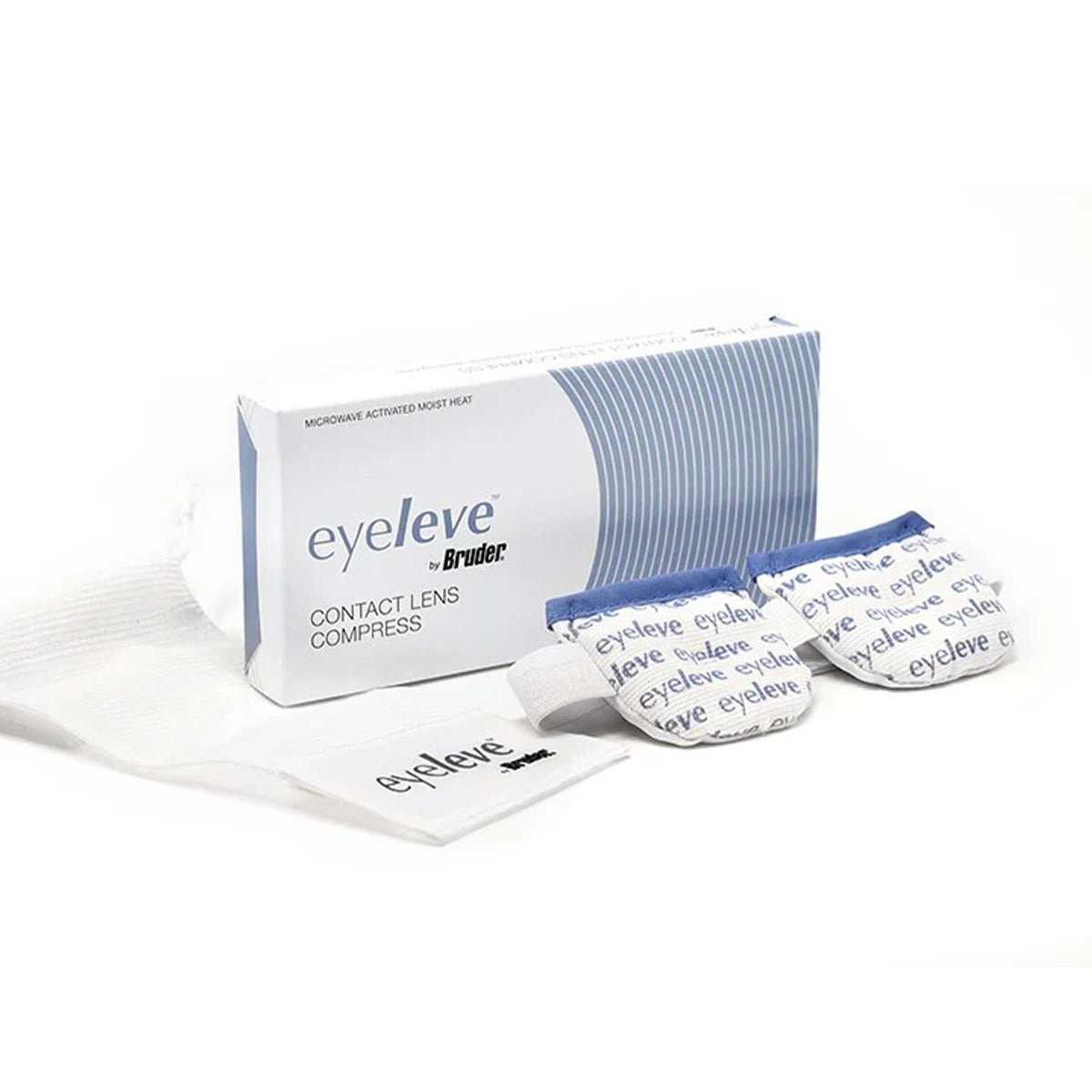 The Bruder Eyeleve Eye Compress for Contact Lens Wearers features two MediBeads moist heat pads displayed prominently, each elegantly branded with eyeleve. The modern blue and white packaging promises soothing relief with ease.