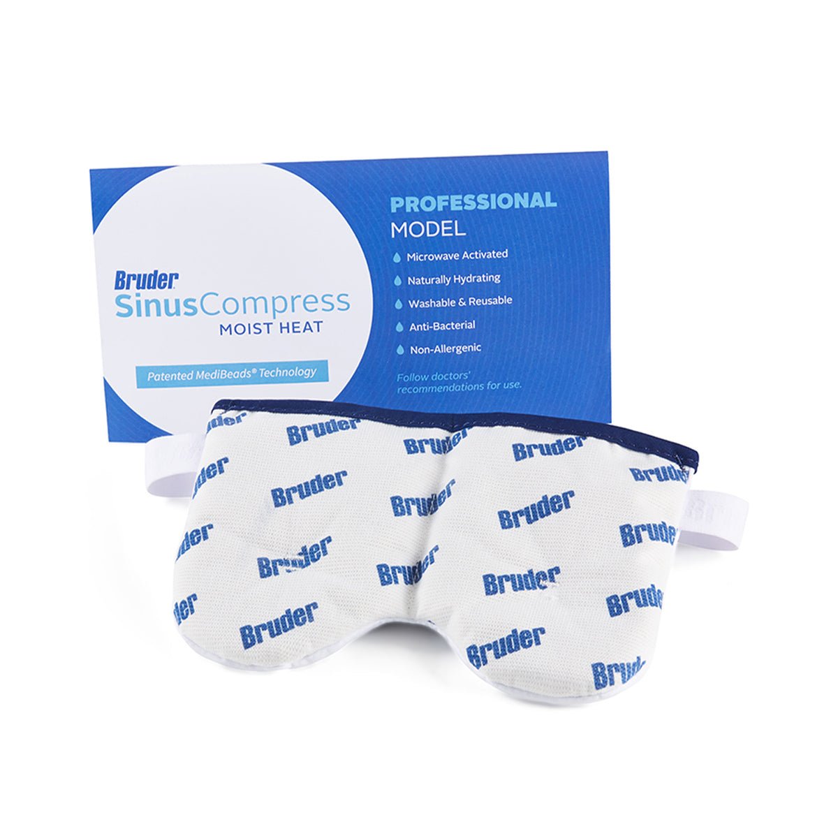 A Bruder Moist Heat Sinus Compress is shown before its blue packaging, displaying a repeating blue Bruder logo on the white mask. It features a strap for comfort, is microwave-activated, washable, and ideal for soothing sinus discomfort.